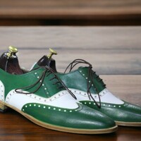 Men's Wing Tip Brogue Toe & Lace Up Green and White Handmade Leather Shoes - Thumbnail 2