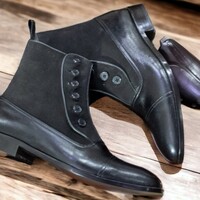 Handmade Men's Black Boot ,Ankle High Button Top Cap Toe Leather Suede Boot - Thumbnail 1
