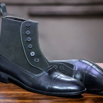 Handmade men's black boot ,ankle high button top cap toe leather suede boot