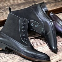 Handmade Men's Black Boot ,Ankle High Button Top Cap Toe Leather Suede Boot - Thumbnail 2
