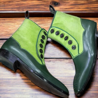 Handmade men's two tone green boot ,ankle high button top brogue toe leather suede boot