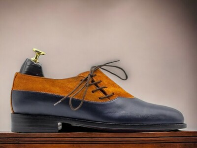 Handmade Men's Two Tone Designer Suede and Leather Shoes ,Lace Up Shoes