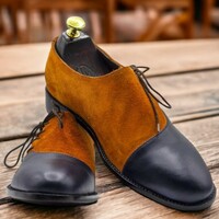 Handmade Men's Two Tone Designer Suede and Leather Shoes ,Lace Up Shoes - Thumbnail 3