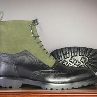 Handmade Men's Two Tone Green and black Suede and Leather Boot ,Wing tip Brogue Toe Lace Up Boot - Thumbnail 1