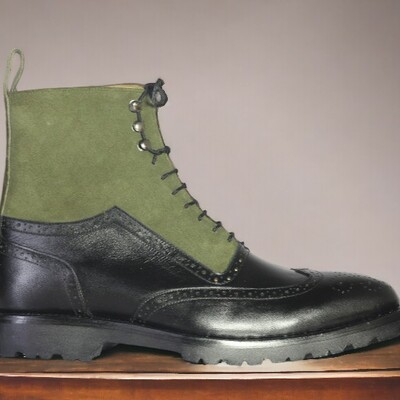 Handmade men's two tone green and black suede and leather boot ,wing tip brogue toe lace up boot - Thumbnail 1