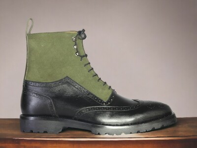 Handmade Men's Two Tone Green and black Suede and Leather Boot ,Wing tip Brogue Toe Lace Up Boot