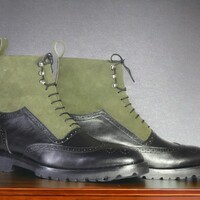 Handmade Men's Two Tone Green and black Suede and Leather Boot ,Wing tip Brogue Toe Lace Up Boot - Thumbnail 2