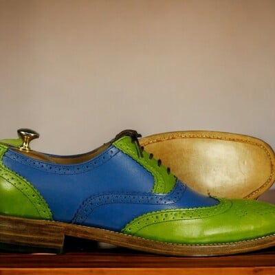 Handmade men's two tone green and blue leather shoes ,lace up wing tip brogue toe shoes