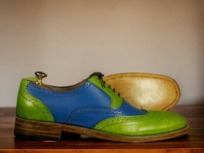 Handmade Men's Two Tone Green and Blue Leather Shoes ,Lace Up Wing tip Brogue Toe Shoes
