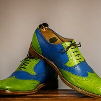 Handmade Men's Two Tone Green and Blue Leather Shoes ,Lace Up Wing tip Brogue Toe Shoes - Thumbnail 2