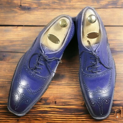 Handmade men's blue leather shoes ,lace up wing tip brogue toe dress shoes