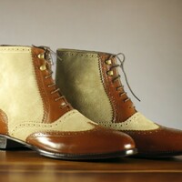 Handmade Men's Brown Beige Leather and suede Boot ,Wing tip Brogue Toe Lace Up Boot - Thumbnail 1