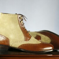 Handmade Men's Brown Beige Leather and suede Boot ,Wing tip Brogue Toe Lace Up Boot - Thumbnail 2