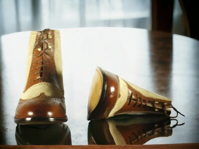 Handmade Men's Brown Beige Leather and suede Boot ,Wing tip Brogue Toe Lace Up Boot