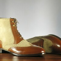 Handmade Men's Brown Beige Leather and suede Boot ,Wing tip Brogue Toe Lace Up Boot - Thumbnail 3