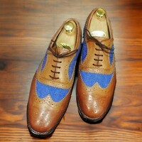 Handmade Men's Brown and blue leather and suede shoes ,Lace Up Wing tip Brogue Toe Shoes - Thumbnail 1