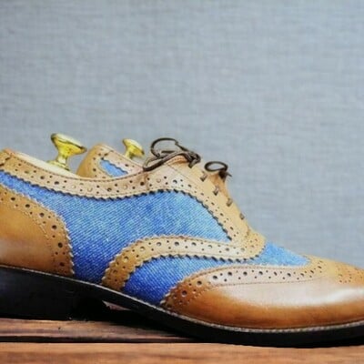 Handmade men's brown and blue leather and suede shoes ,lace up wing tip brogue toe shoes - Thumbnail 1