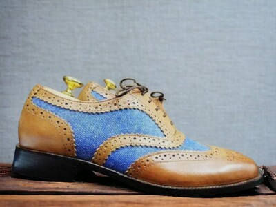 Handmade Men's Brown and blue leather and suede shoes ,Lace Up Wing tip Brogue Toe Shoes