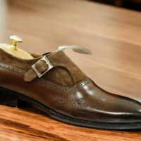 Handmade Men's Brown leather and suede shoes ,Brogue toe monk Buckle Shoes - Thumbnail 2