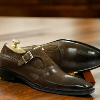 Handmade Men's Brown leather and suede shoes ,Brogue toe monk Buckle Shoes - Thumbnail 3