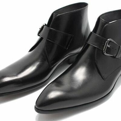 Men black handmade genuine leather boots with pointed toe and strap