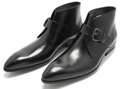 Men Black Handmade Genuine Leather Boots with Pointed Toe and Strap