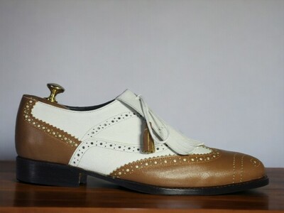 Handmade Men's White and Tan Leather Shoes ,Wing Tip Brogue Toe Fringes Shoes