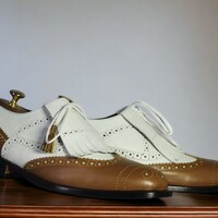 Handmade Men's White and Tan Leather Shoes ,Wing Tip Brogue Toe Fringes Shoes - Thumbnail 1