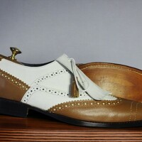 Handmade Men's White and Tan Leather Shoes ,Wing Tip Brogue Toe Fringes Shoes - Thumbnail 2