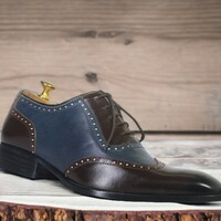 Handmade Men's Brown and Blue Leather Shoes ,Lace Up Cap Toe Shoes - Thumbnail 1