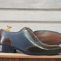 Handmade Men's Brown and Blue Leather Shoes ,Lace Up Cap Toe Shoes - Thumbnail 2