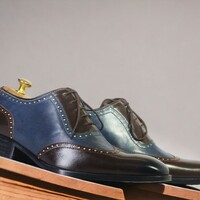 Handmade Men's Brown and Blue Leather Shoes ,Lace Up Cap Toe Shoes - Thumbnail 3