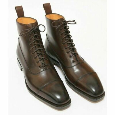 Men's brown burnished derby cap toe genuine leather high ankle lace up boots