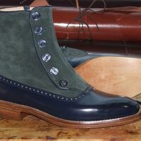 Two Tone Blue Gray High Ankle Premium Suede Leather Men Brown Sole Button Boots - Thumbnail 1