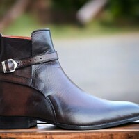 Handmade Men's Brown leather Boot ,Monk Buckle Ankle High Designer Boot - Thumbnail 2