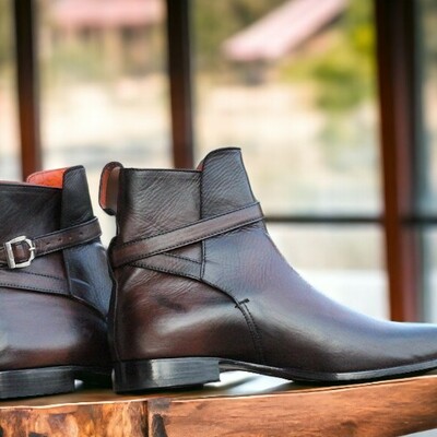 Handmade men's brown leather boot ,monk buckle ankle high designer boot - Thumbnail 2