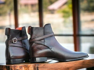 Handmade Men's Brown leather Boot ,Monk Buckle Ankle High Designer Boot