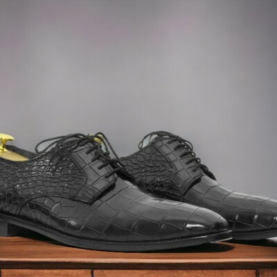 Handmade men's black leather shoes ,alligator textured dress shoes