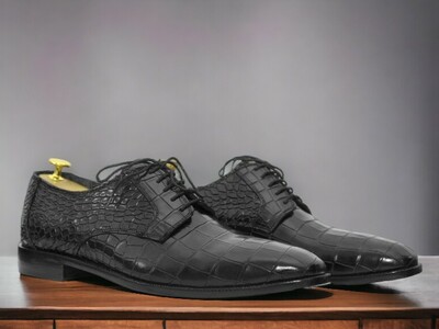 Handmade Men's Black leather shoes ,Alligator Textured Dress Shoes