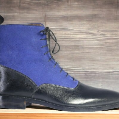 Handmade men's black and blue leather and suede boot ,ankle high lace up boot