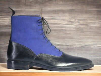 Handmade Men's Black and blue leather and Suede Boot ,Ankle High Lace Up Boot