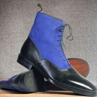 Handmade Men's Black and blue leather and Suede Boot ,Ankle High Lace Up Boot - Thumbnail 2