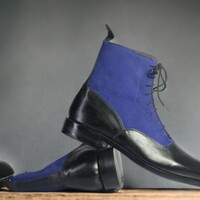 Handmade Men's Black and blue leather and Suede Boot ,Ankle High Lace Up Boot - Thumbnail 1