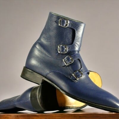 Handmade men's blue leather boot ,quad buckle ankle high boot