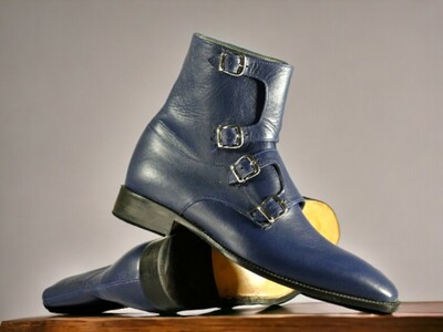Handmade Men's Blue Leather Boot ,Quad Buckle Ankle High Boot