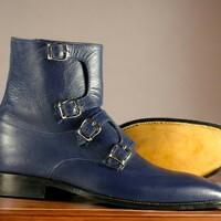 Handmade Men's Blue Leather Boot ,Quad Buckle Ankle High Boot - Thumbnail 1