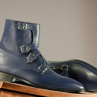 Handmade Men's Blue Leather Boot ,Quad Buckle Ankle High Boot - Thumbnail 2