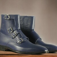 Handmade Men's Blue Leather Boot ,Quad Buckle Ankle High Boot - Thumbnail 3