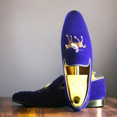 Handmade men's blue velvet embroidered loafer dress shoes