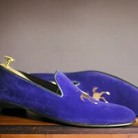 Handmade Men's Blue velvet Embroidered Loafer Dress Shoes - Thumbnail 1
